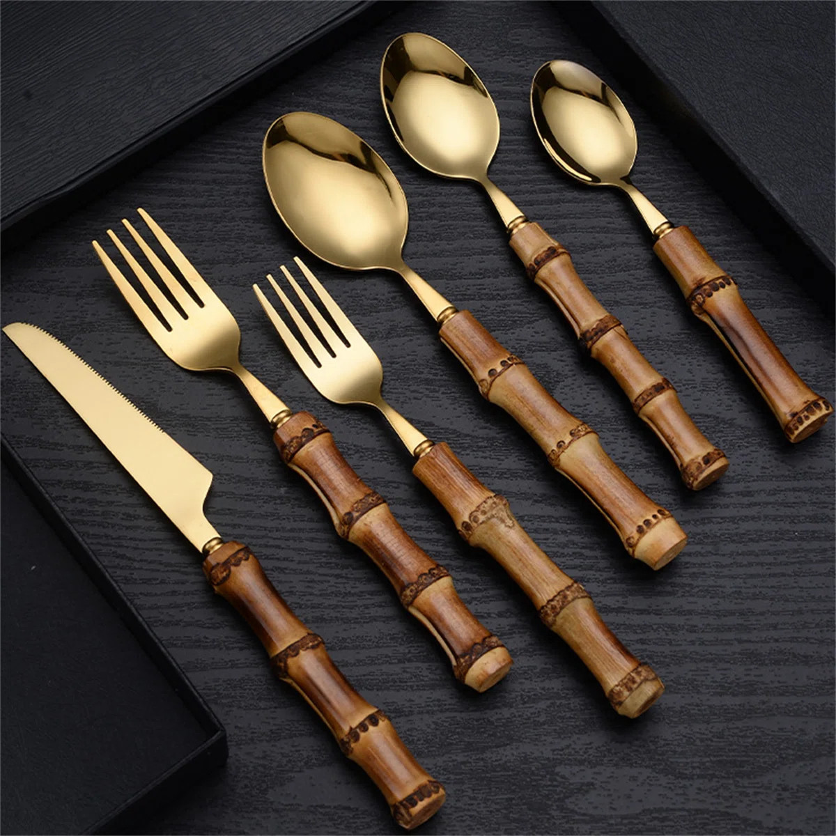 Bamboo-Handled Stainless Steel Flatware Set - Gold Utensils For Steak, Dessert, Western Meals | Wayfair North America
