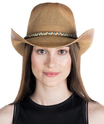 Funky Junque Women's Rhinestone Cowboy Hat – Sparkly Western Cowgirl Hat with Adjustable Strap for Festivals & Concerts - Mixed Beads Trim - Tan | Amazon (US)