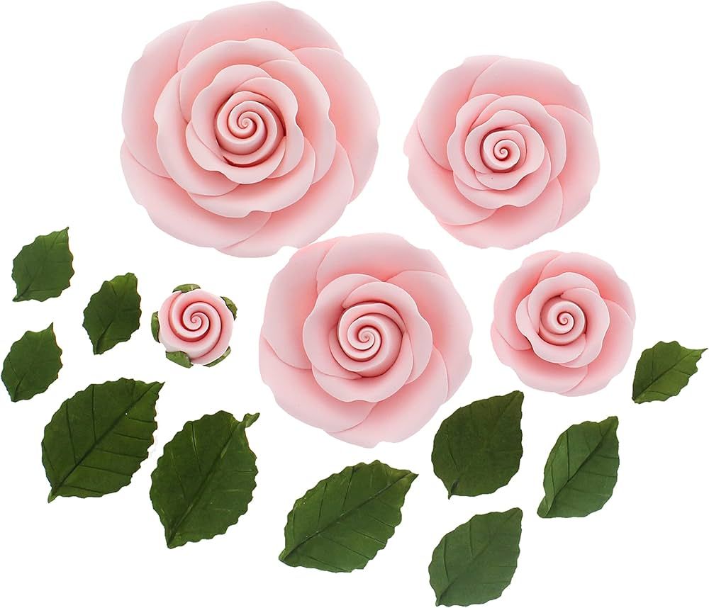 Global Sugar Art Edible Exquisite Rose & Leaf Tray Sugar Cake Flowers, Pink Unwired, 5 Count by C... | Amazon (US)