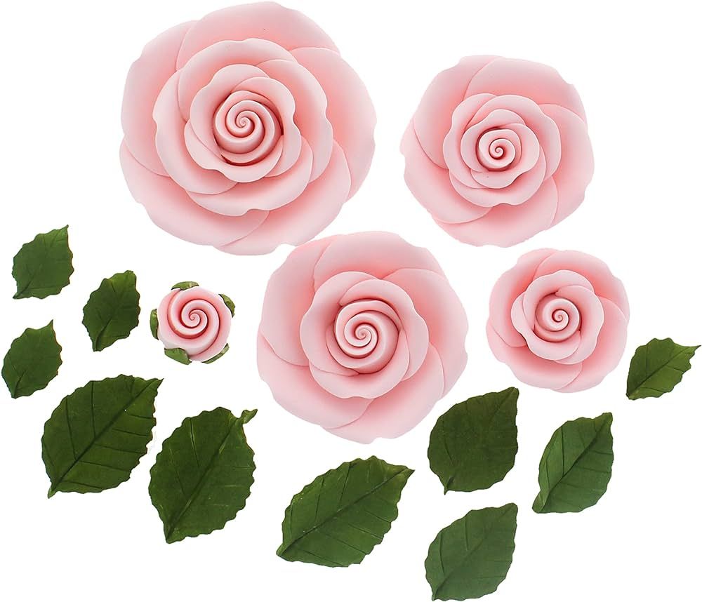 Global Sugar Art Edible Exquisite Rose & Leaf Tray Sugar Cake Flowers, Pink Unwired, 5 Count by C... | Amazon (US)