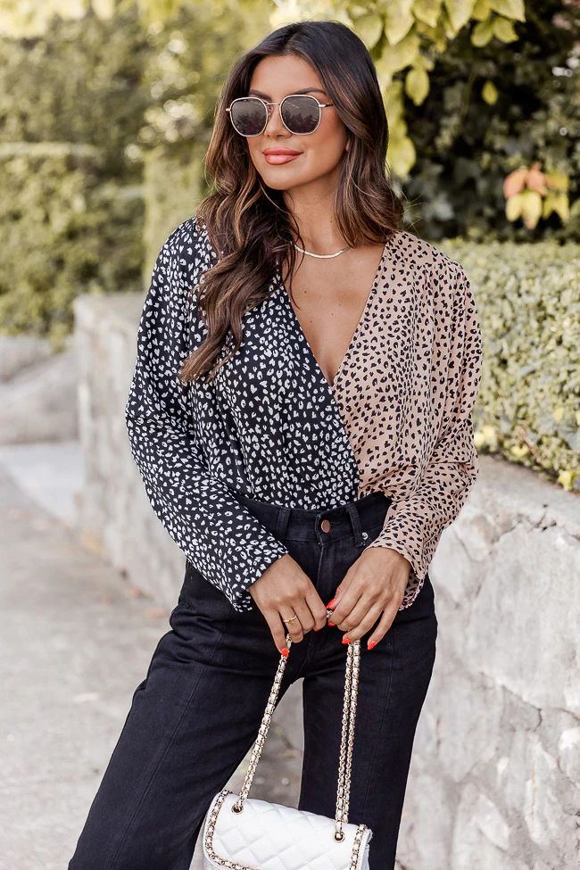 Can't Deny My Love Black and Taupe Spliced Leopard Print Bodysuit | Pink Lily