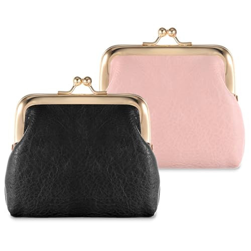 2Pcs Small Change Purse with Clasp Black PU Leather Change Wallet Pocket-Sized Pink Vintage Card Purse Pouch for Woman Men Coins Receipt Photocard Stamps (Black, Pink) | Amazon (US)