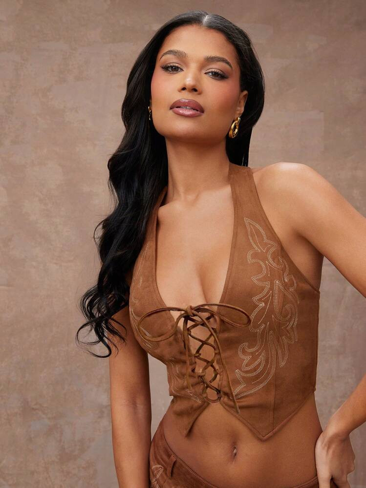 Hauture Women's Halter Neck Front Lace-Up Pointed Hem Mocha Tank Top With Beige Embroidery | SHEIN