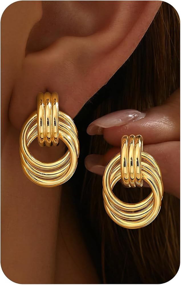 14K Gold Plated Knot Statement Earrings for Women Hypoallergenic Chunky Drop Dangle Earrings - Li... | Amazon (US)