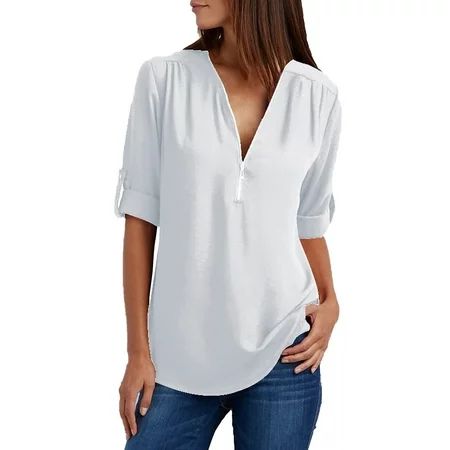 YYDGH Holiday Shirts for Women Summer Long Sleeve Shirts Zip Casual Tunic V-Neck Rollable Blouse Top | Walmart (US)