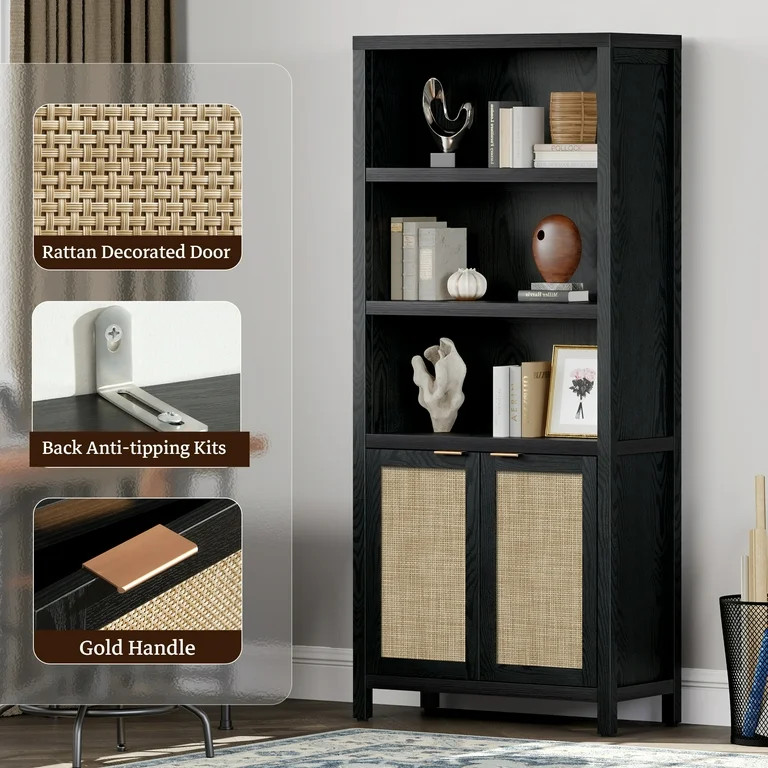 SICOTAS Rattan 5-Tier Bookcase, Black 5-Shelf Library Bookcase | Walmart (US)