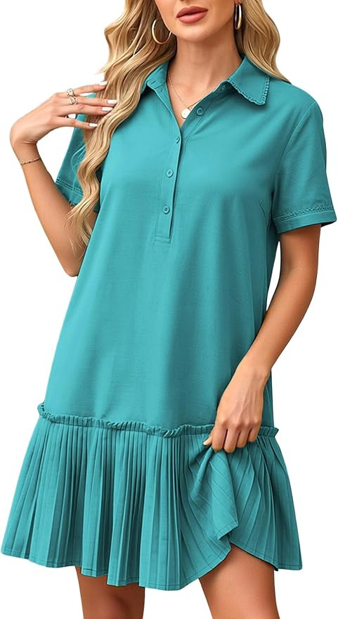 ECOWISH Women Summer Shirt Dress- V Neck Short Sleeve Casual Shift Dresses Button Down Mini Dress... | Amazon (US)