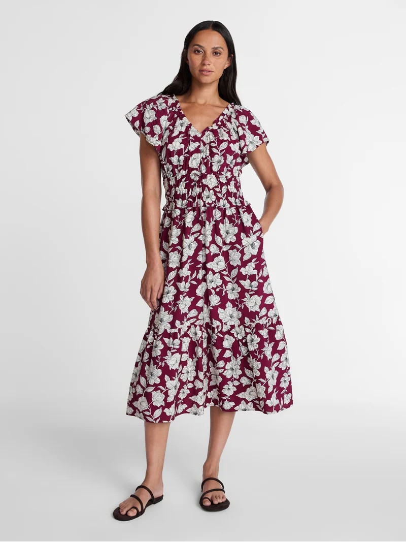 Time and Tru Women's Tiered Midi Dress with Flutter Sleeves, Sizes XS-XXXL | Walmart (US)