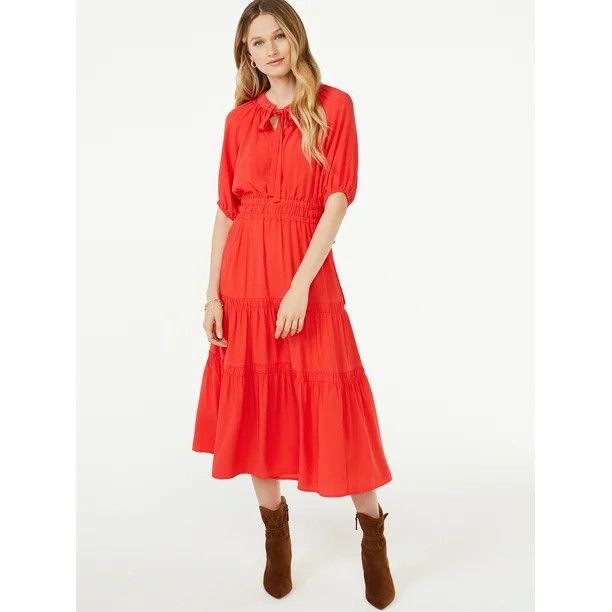 Scoop Women's Split Neck Tiered Midi Dress - Walmart.com | Walmart (US)