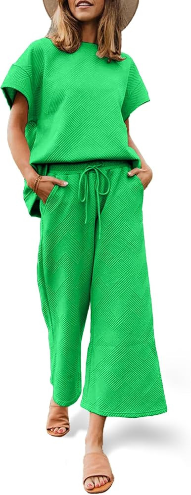 Fazortev Womens 2 Piece Outfits Sweatsuit Short Sleeve Tops and Drawstring Waist Cropped Wide Leg... | Amazon (US)