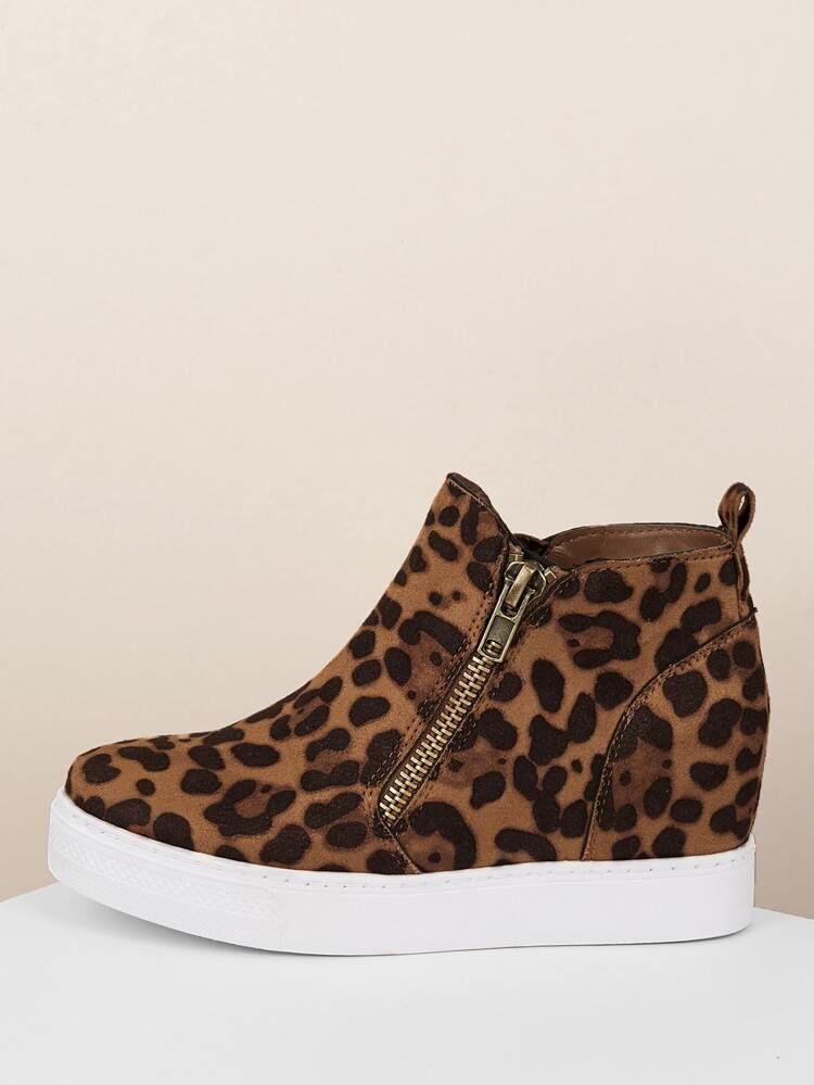 Leopard Side Zipper Platform Wedge Sneakers | SHEIN