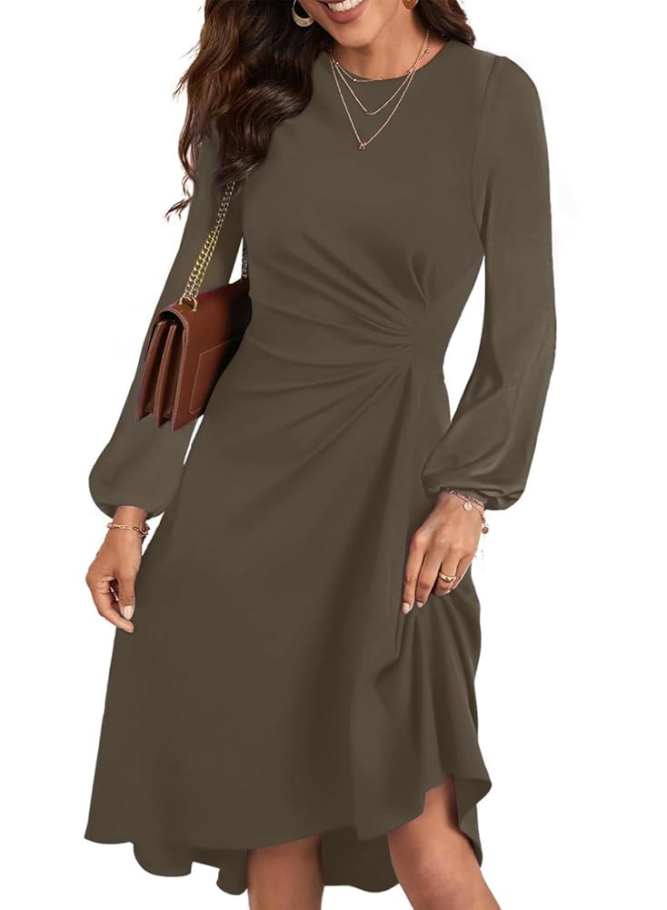 Happy Sailed Women's Long Sleeve Ruched Waist Flowy A Line High Low Midi Cocktail Party Dress | Amazon (US)