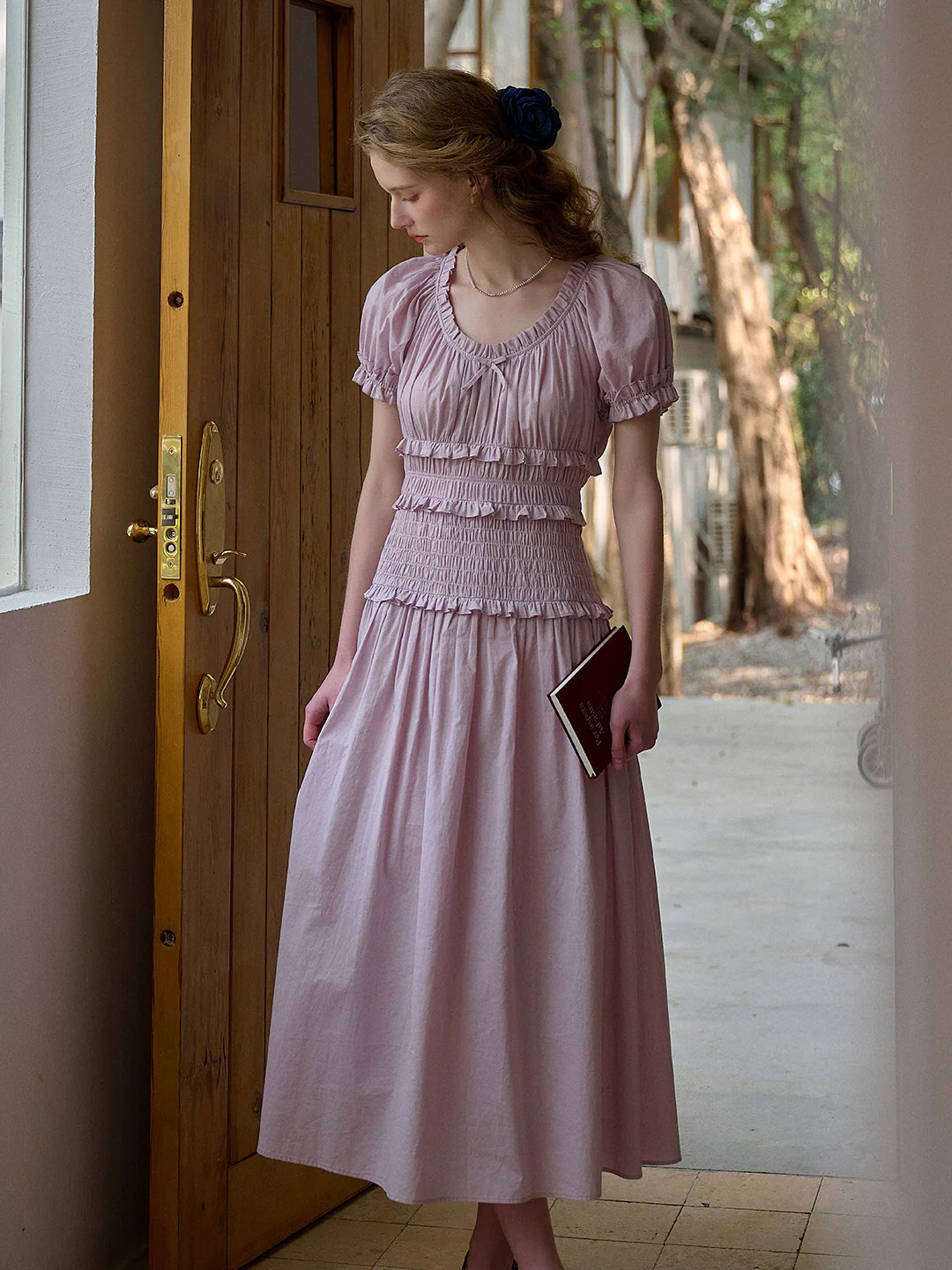 Elowen Round Neck Pleated 100% Cotton Dress | Simple Retro