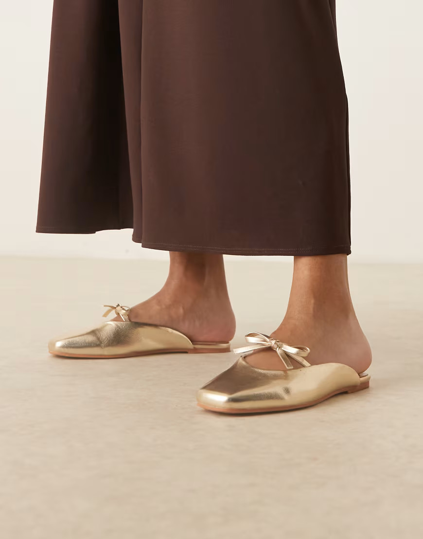 ASOS DESIGN Lilo bow mule ballets in gold | ASOS (Global)
