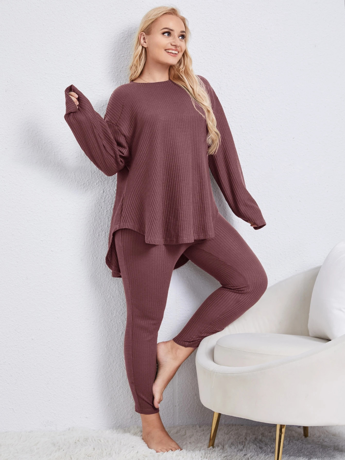 Plus Waffle Knit Drop Shoulder High Low Hem PJ Set | SHEIN