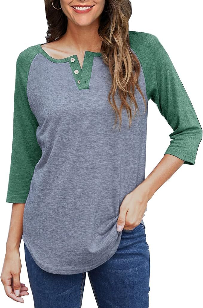 LuckyMore Women's 3/4 Sleeve Henley V Neck Shirts Casual Color Block Loose Tunic Blouse Tops | Amazon (US)