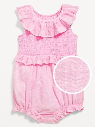 Sleeveless Ruffle-Trim Smocked One-Piece Romper for Baby | Old Navy (US)