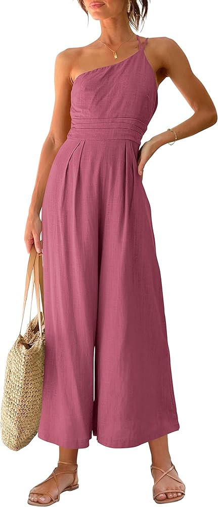 ANRABESS Women's Summer Straps One Shoulder Pleated High Waist Casual Wide Leg Jumpsuit Romper wi... | Amazon (US)