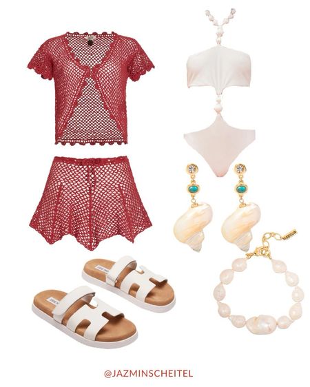 Vacation outfit, red crochet, cultgaia swim and sequin jewelry