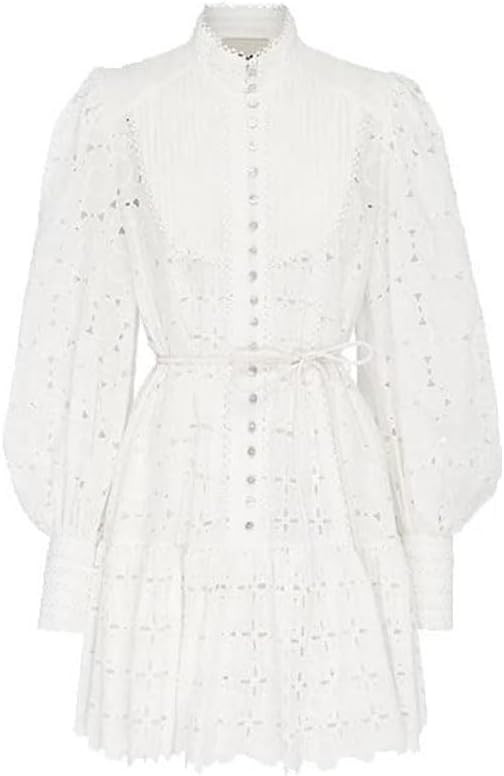 Women Dresses Embroidery Hollow Out Mini Short Dress Stand Collar France Street Chic Dress | Amazon (US)