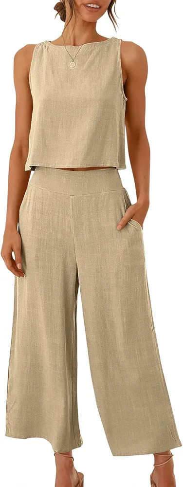 ANRABESS Women's Summer 2 Piece Outfits Sleeveless Tank Crop Button Back Top Capri Wide Leg Pants... | Amazon (US)