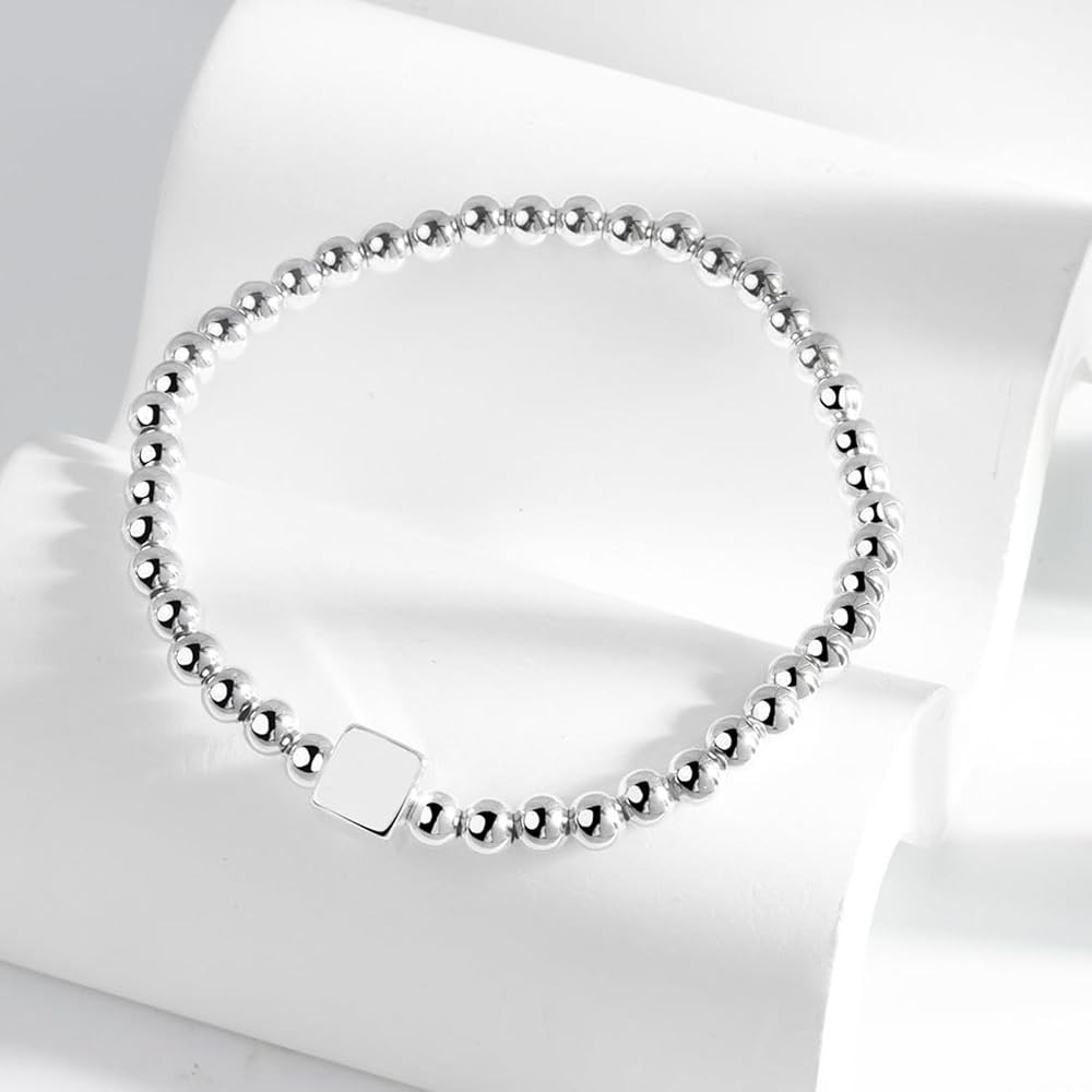 925 Sterling Silver Handmade Strand Chain Bracelet 4mm Bead Ball Stretch Bracelets for Women Silv... | Amazon (US)