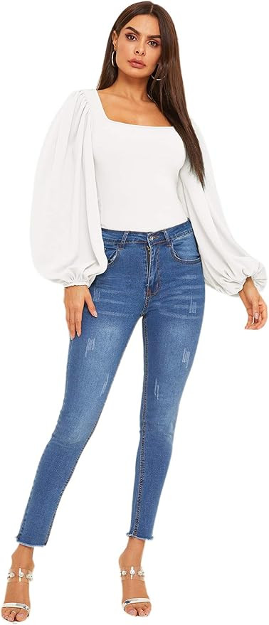 Romwe Women's Long Puff Sleeve Square Neck Slim Fit Crop Tops Blouse Sweatshirt | Amazon (US)