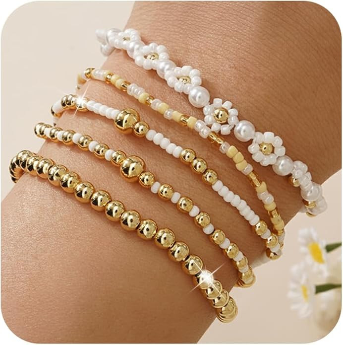 14K Gold Pearl Beaded Cross Bracelets Stack Set for Women,Stretch Boho Colorful Christian Beads B... | Amazon (US)