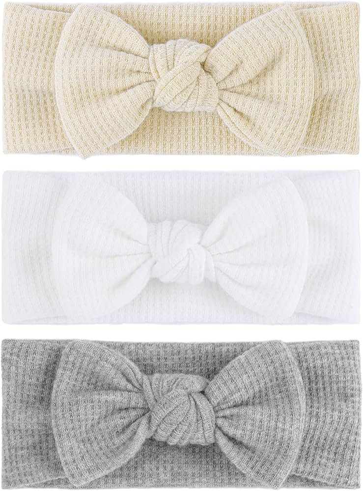 4" Baby Girls Hairband with Bows - 3Pcs Gray White Beige (Handmade Soft Headwraps Baby Hair Acces... | Amazon (US)