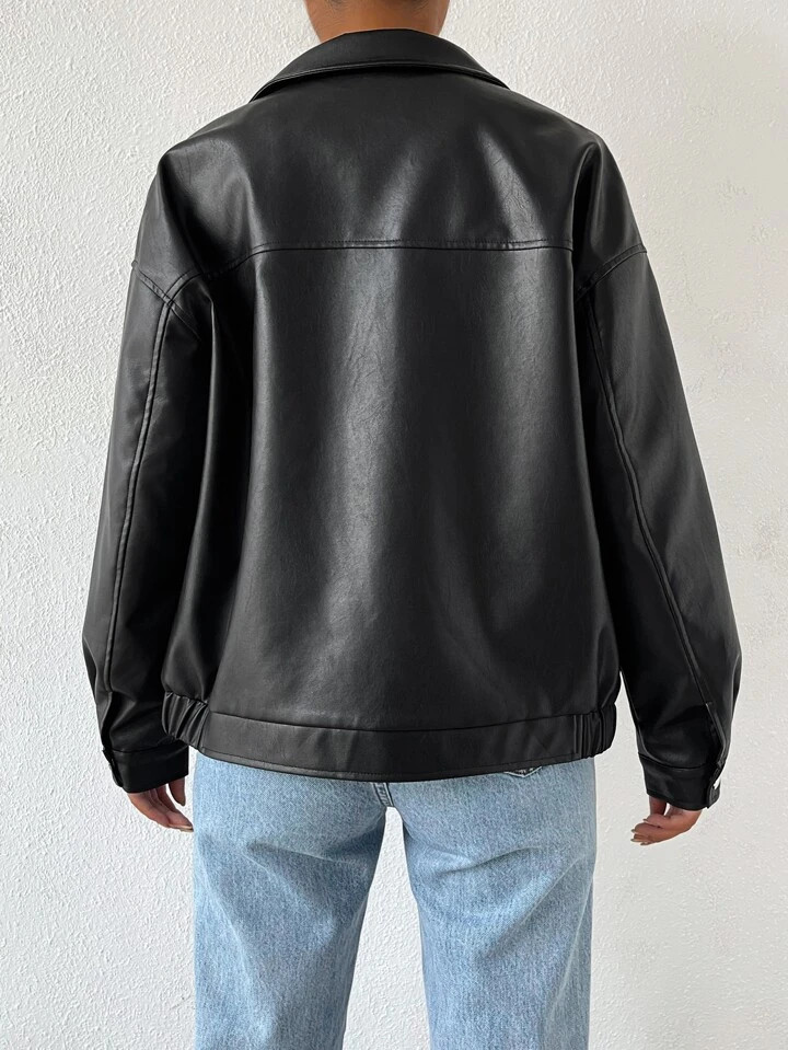 SHEIN EZwear Drop Shoulder Zip Up PU Cropped Leather Jacket | SHEIN