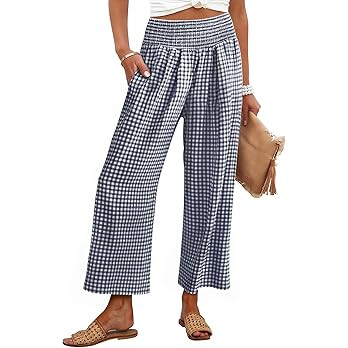 ANRABESS Women Striped Gingham Wide Leg Palazzo Pants Casual Lounge Cropped PJ Bottoms Comfy Cute... | Amazon (US)