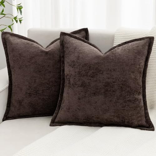 Brown Decorative Throw Pillow Covers 18x18 Inch Set of 2 Cozy Soild Chenille Cushion Cases Soft T... | Amazon (US)