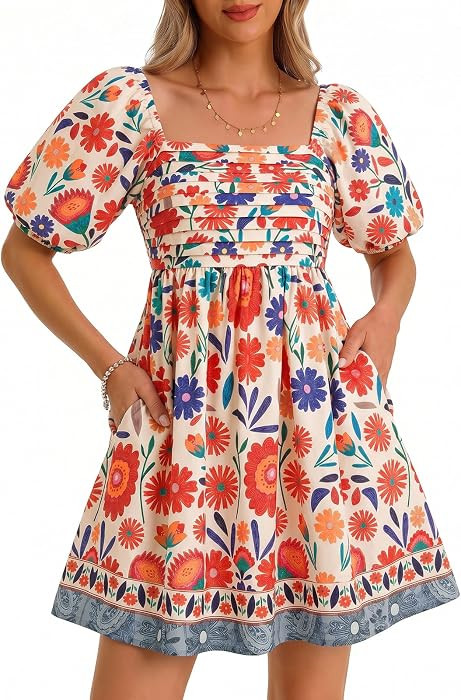 Wenrine Womens Summer Square Neck Puff Short Sleeve Floral Mini Dress | Amazon (US)