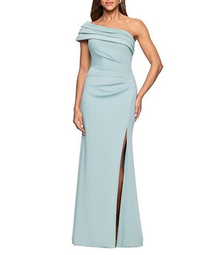 Ruched One-Shoulder Scuba Sheath Gown | Dillard's