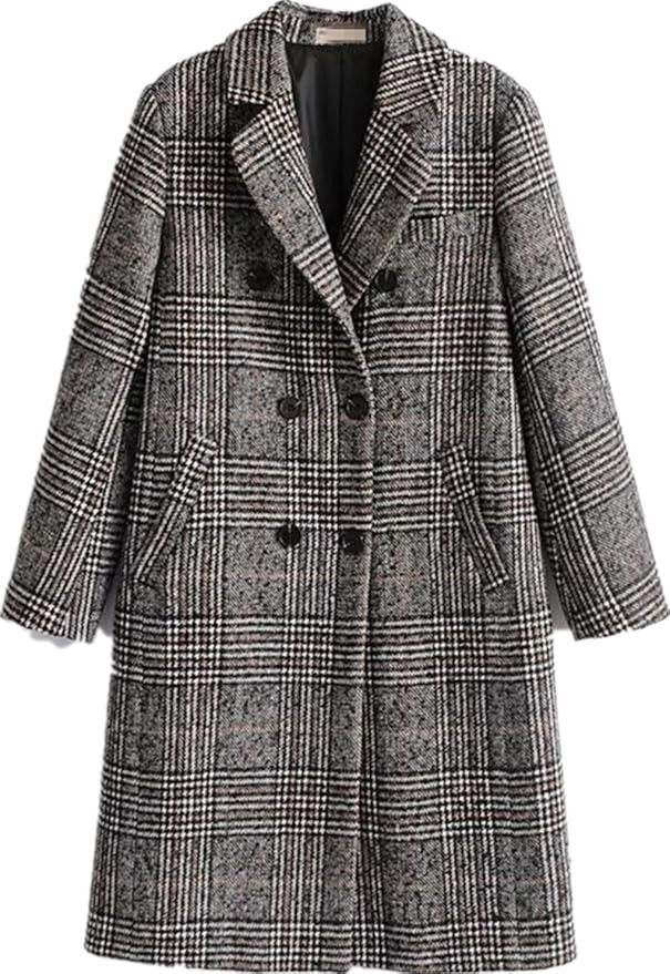 Amazon.com: Women Classic Lattice Winter Overcoat Lapel Double Breasted Woolen Long Coat : Clothi... | Amazon (US)