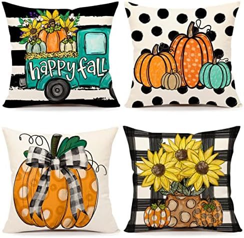 Fall Decor Pillow Covers 18x18 Set of 4 Pumpkin Farmhouse Decorations Polka Dot Pumpkin Buffalo S... | Amazon (US)