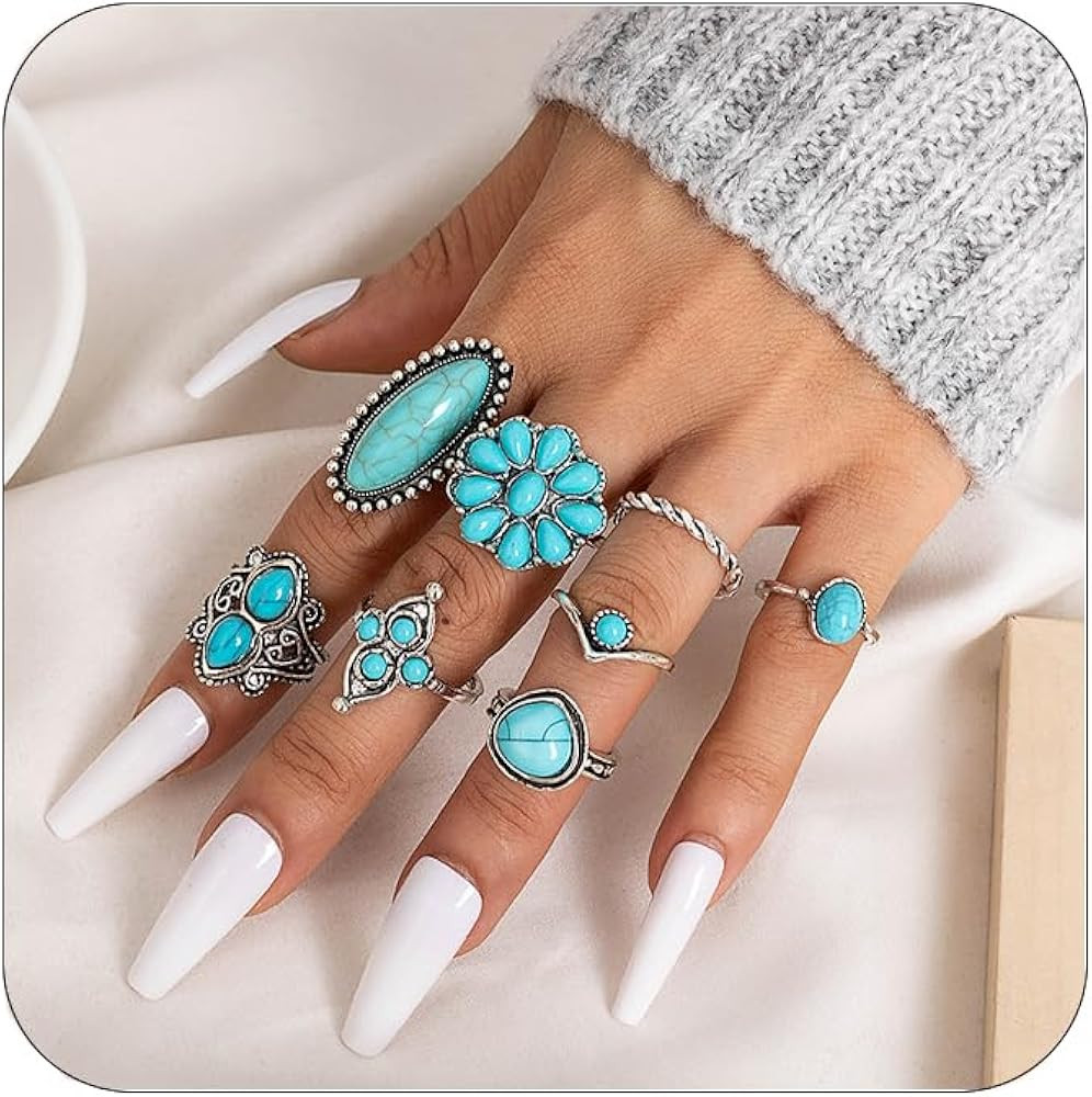 Turquoise Rings for Women Bohemian Turquoises Ring Set Vintage Western Rings for Finger Stackable... | Amazon (US)