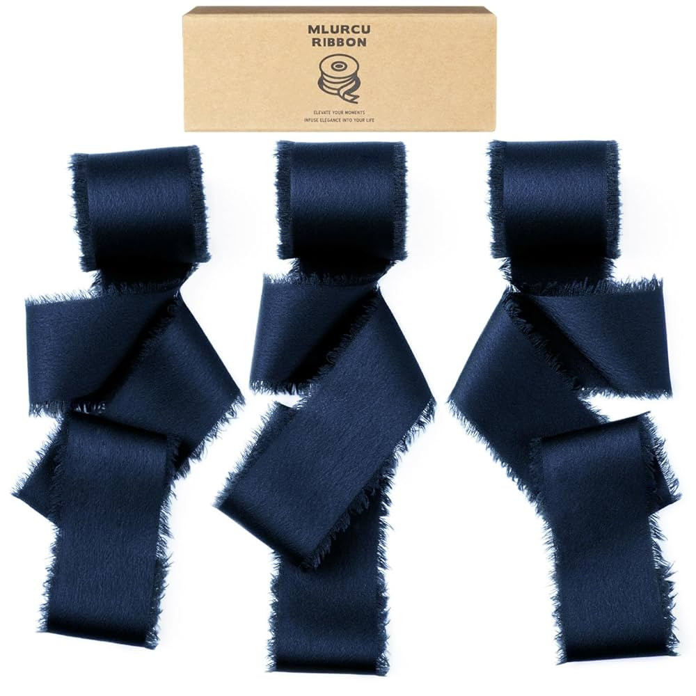 Navy Blue Silk Satin Ribbon 1.5 Inch x 21Yds Handmade Fringe Silky Chiffon Frayed Fabric Ribbon f... | Amazon (US)