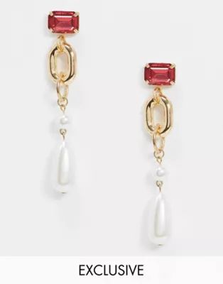Reclaimed Vintage inspired statement pearl drops with pink stone | ASOS (Global)