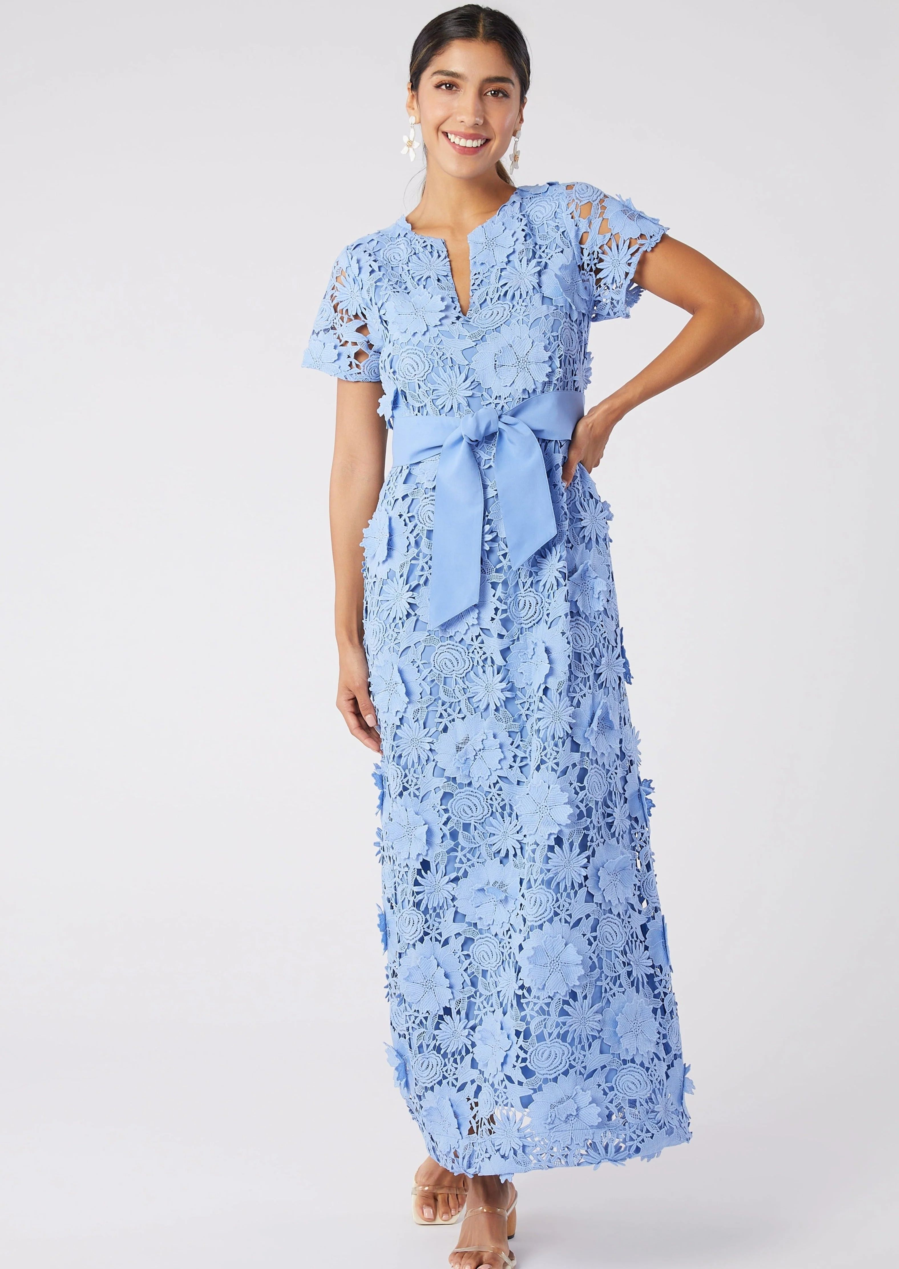 Heidi Caftan Gown Cornflower Blue 3-D Lace | Abbey Glass