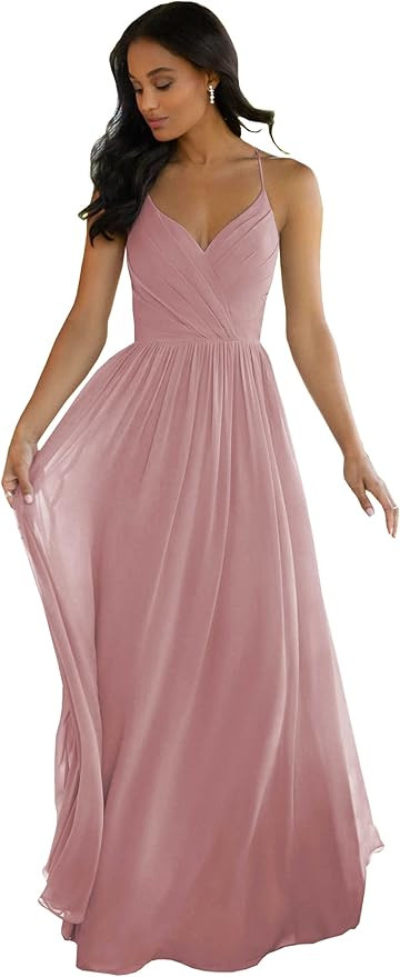 Women's V Neck Bridesmaid Dresses Long for Wedding A-Line Chiffon Open Back Formal Gown with Pock... | Amazon (US)