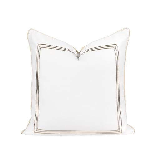 Hofdeco Premium Fall Coastal Patio Indoor Outdoor Pillow Cover Only, 20"x20" Water Repellent for Backyard, Couch, Neutral Tan Embroidered Square Line | Amazon (US)