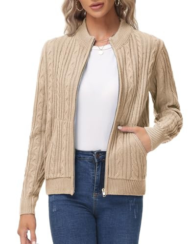 Women Zip Up Sweater Cardigan, 2025 Fall Chunky Cable Knit Cardigan, Fall Winter Clothes Beige 2XL | Amazon (US)