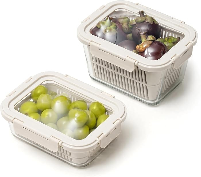 Glass Produce Storage Containers for Fridge, 2-Pack \u2013 Airtight Fruit & Vegetable Containers ... | Amazon (US)