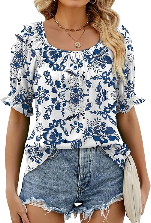 WIHOLL Womens Summer Tops Short Sleeve Shirts Smocked Puff Sleeve Blouses Casual Loose Fit Trendy... | Amazon (US)