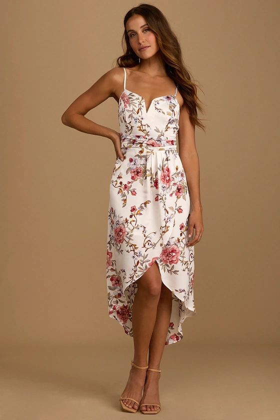 My Favorite Day Ivory Floral Print Tulip Skirt Midi Dress | Lulus (US)