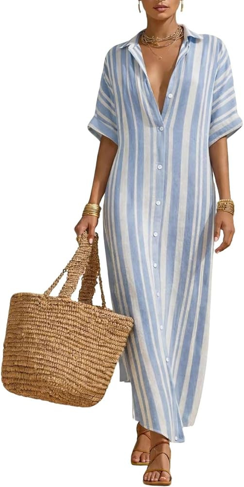 Women's Button Down Striped Maxi Dress Casual Loose Short Sleeve Cotton Summer Beach Shirt Dresse... | Amazon (US)