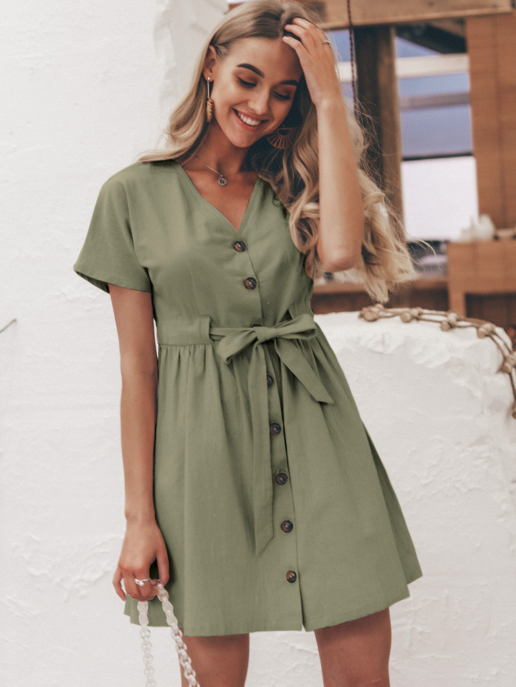 Simplee Button Front Tie Waist Tea Dress | SHEIN USA | SHEIN