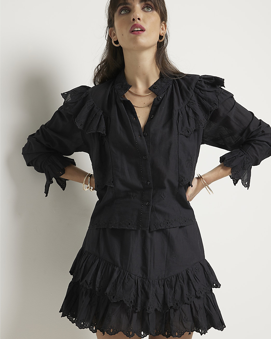 Black broderie frill mini skirt | River Island (UK & IE)