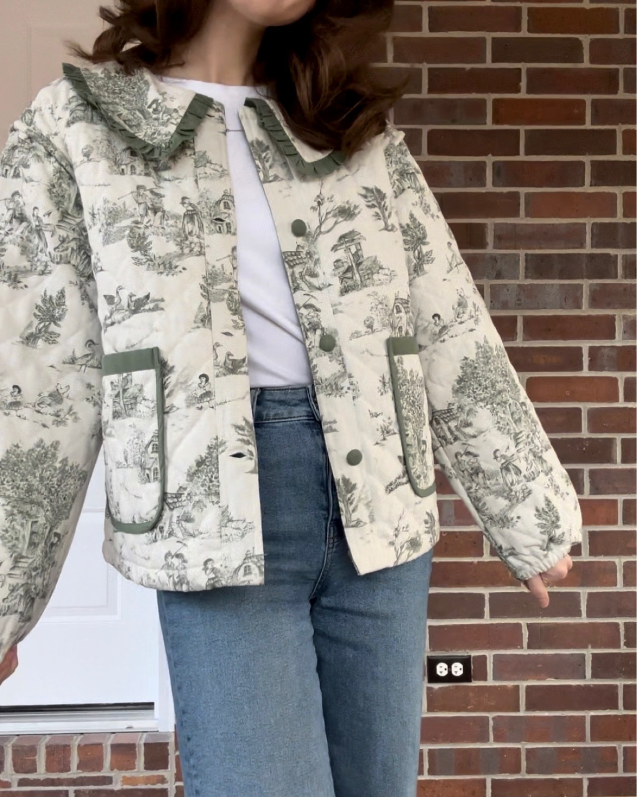 Green and white quilted toile jacket 

Large collared jacket / cottage core outfit 

#LTKStyleTip